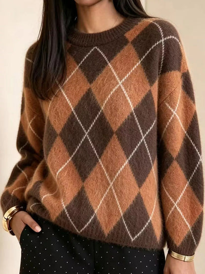 Argyle Pattern Fuzzy Knit Sweater - Orange - View 3