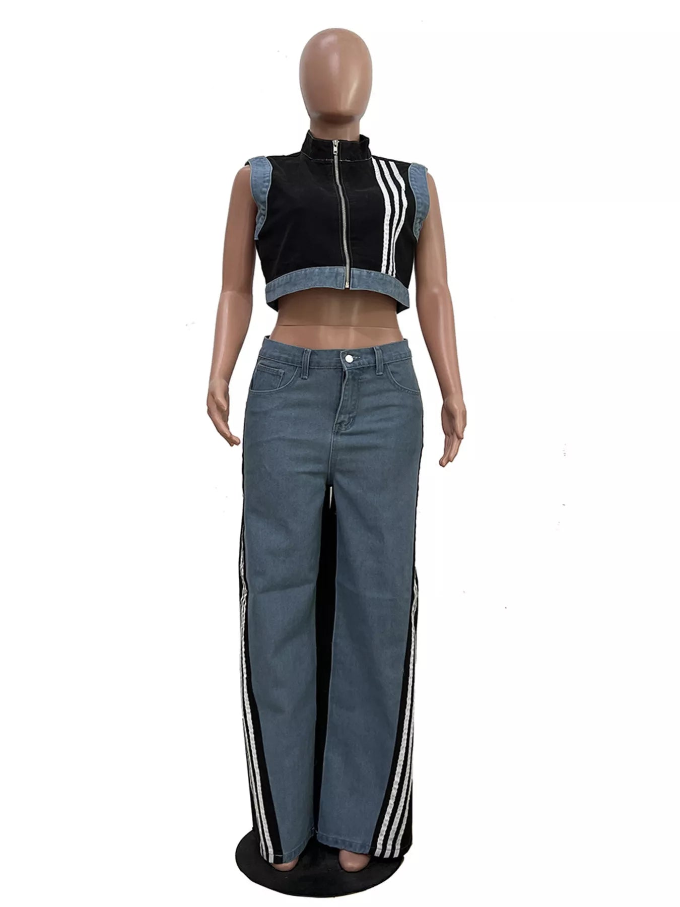Zip Front Crop Top and Striped Pants Set - Black - Front Mannequin View