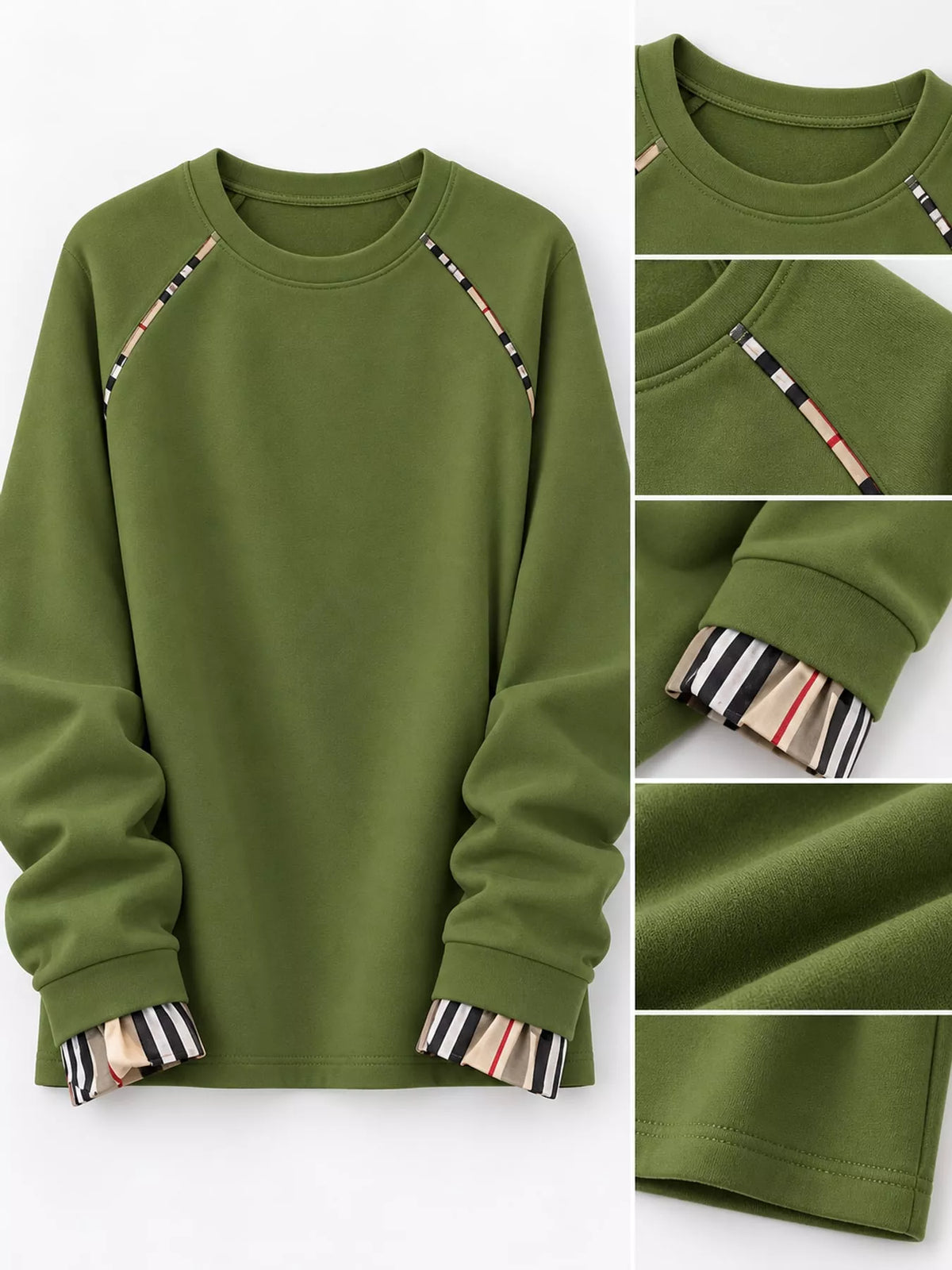 Plaid-Trimmed Crew Neck Sweatshirt - Army Green-Plain - View 13