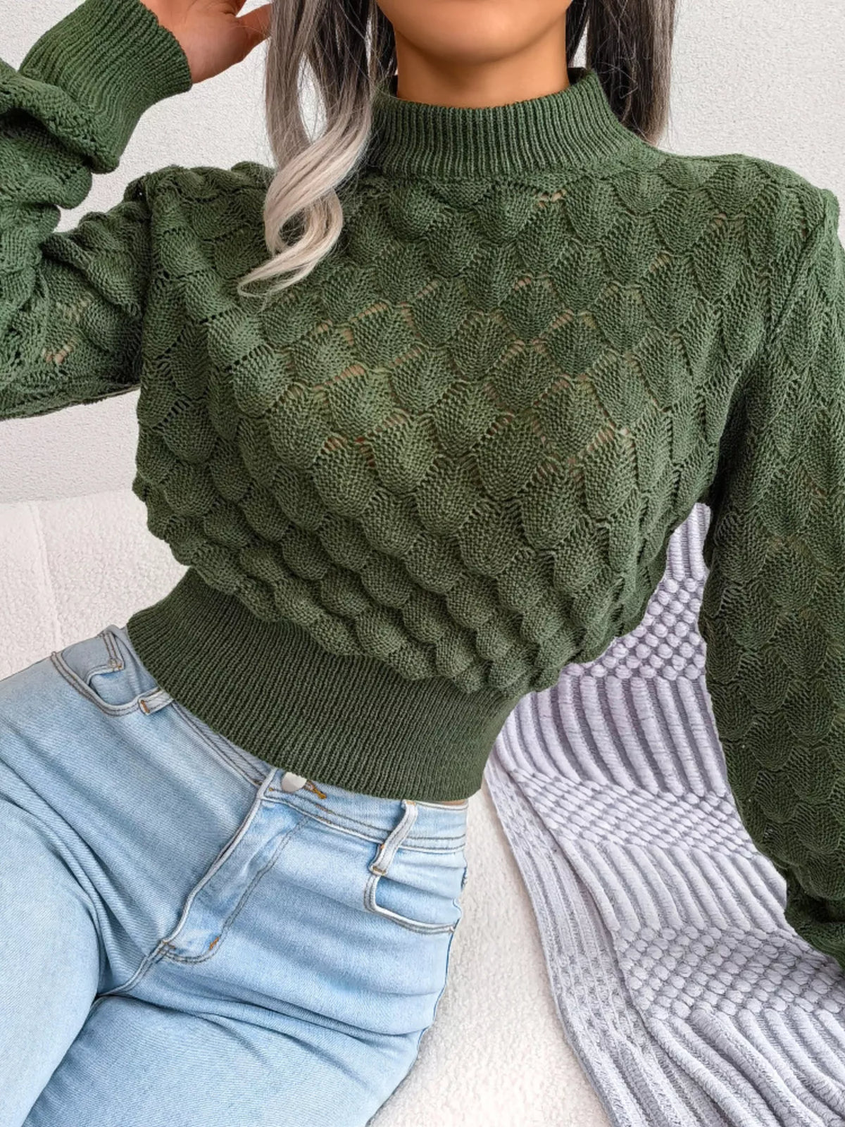 Mock Neck Textured Cropped Sweater - Dark Green - View 5