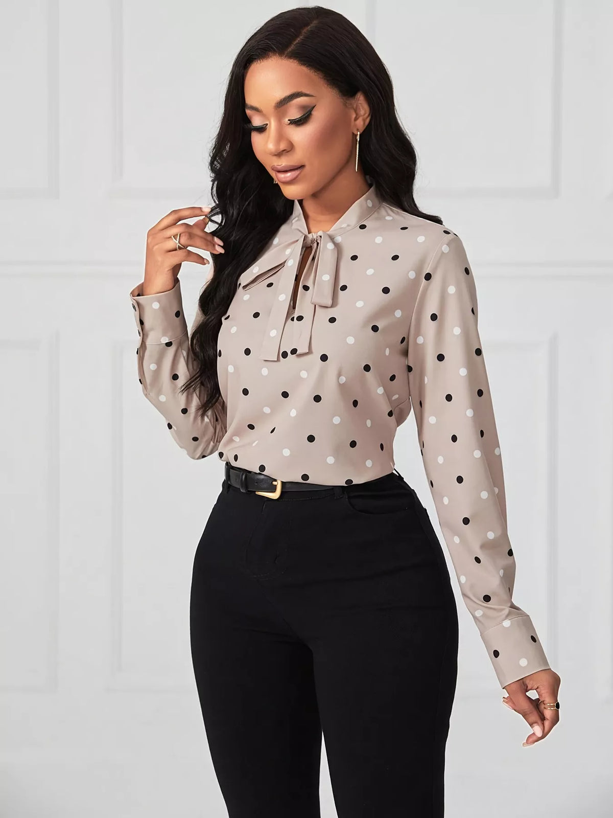 Polka Dot Tie Neck Blouse - Dust Storm - View 1