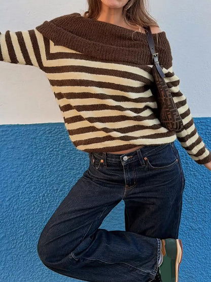 Off-Shoulder Striped Knit Top - Coffee Brown - View 4