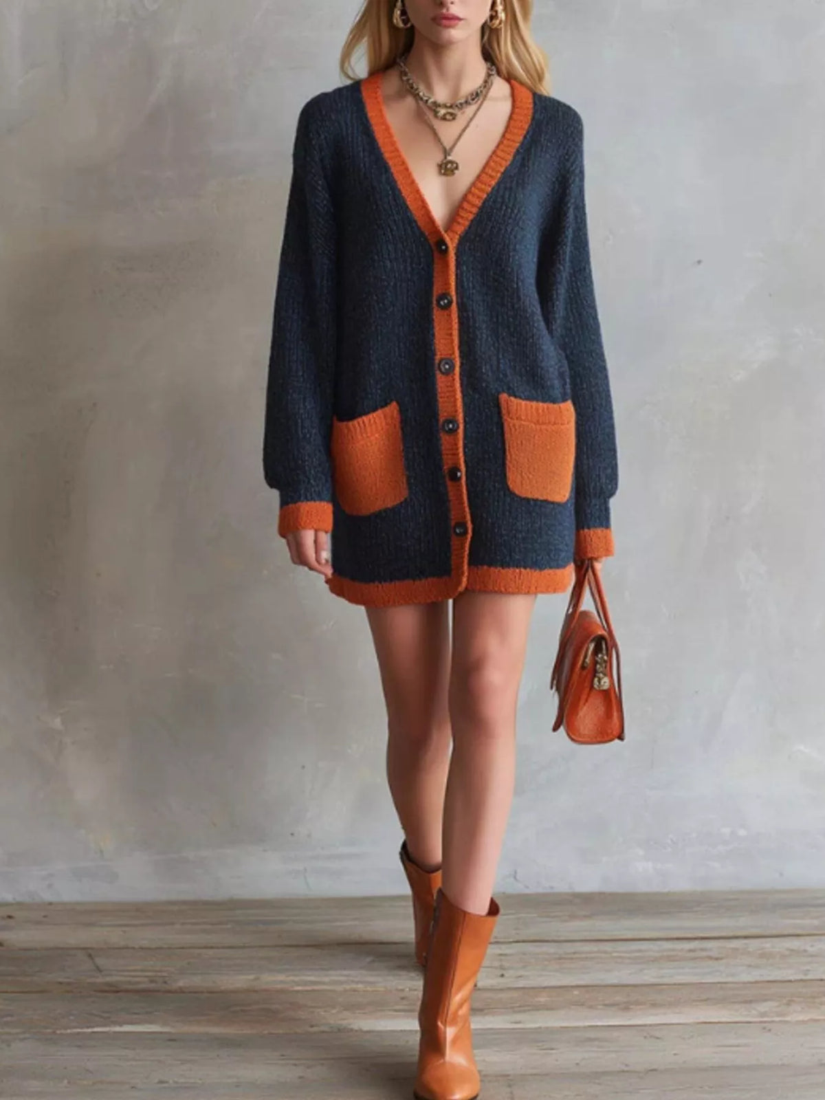 Color-Block V-Neck Button-Down Knit Cardigan - All Colors - View 1