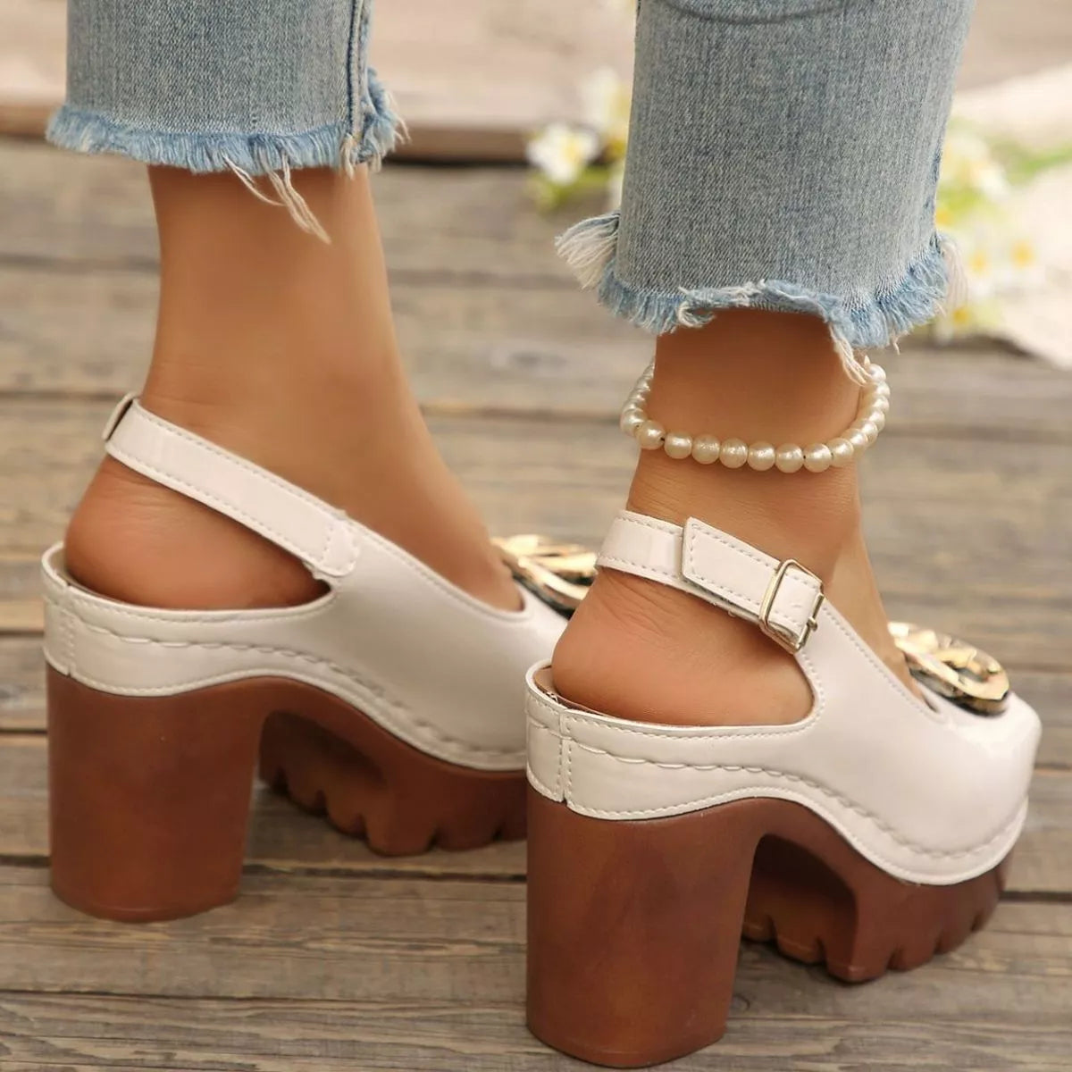 Open Toe Block Heels Sandals - Beige - View 7