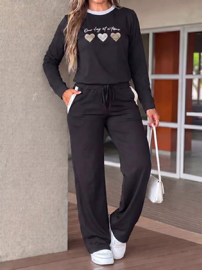 Heart Graphic Contrast Trim Top and Pants Set - Black - View 4