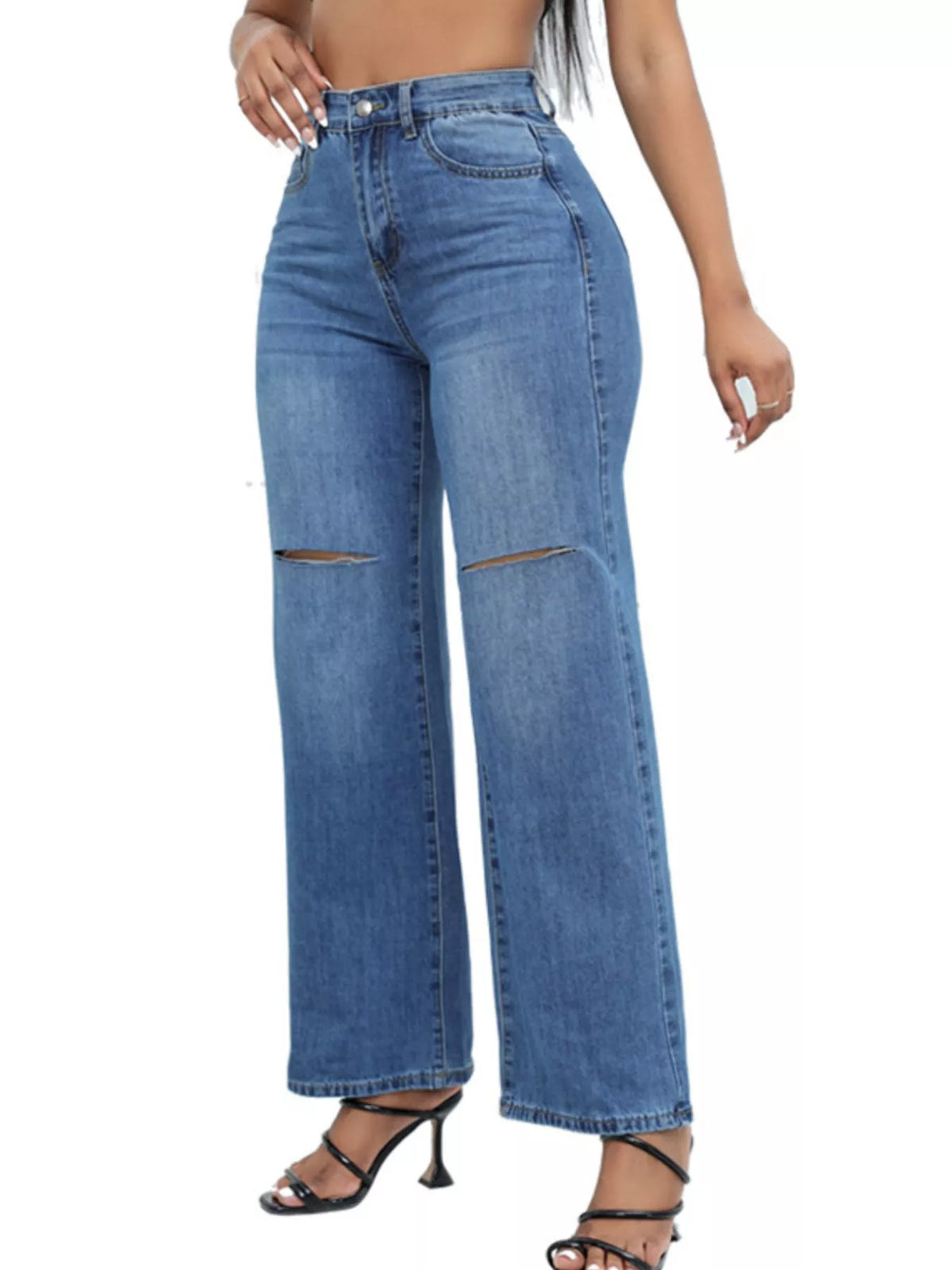 Distressed Wide-Leg Jeans - Dark Blue - View 2