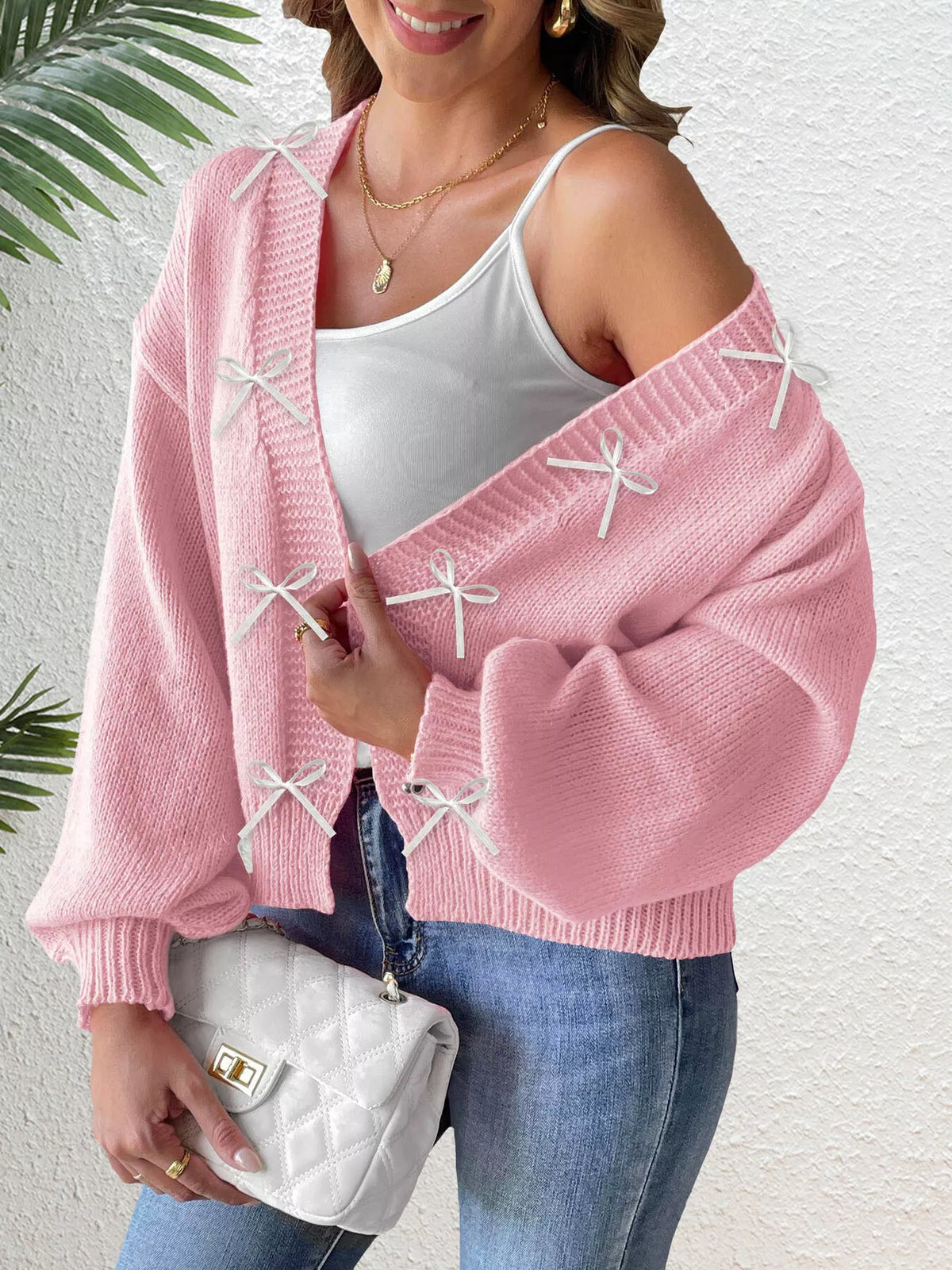Bow-Tie Open Front Knit Cardigan - Pink - View 3