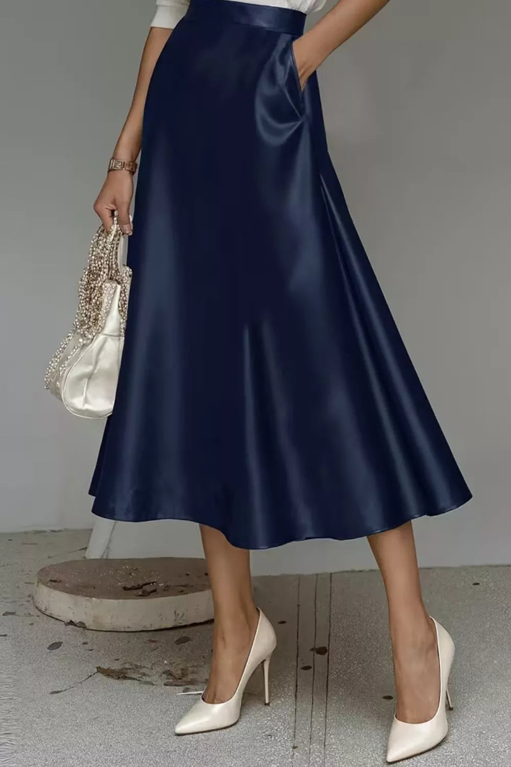 Satin A-Line Midi Skirt - Navy - View 16