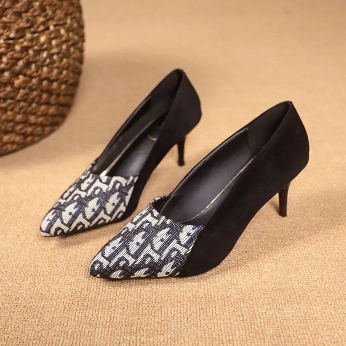 Point Toe Suede Pumps - Black And White - View 6