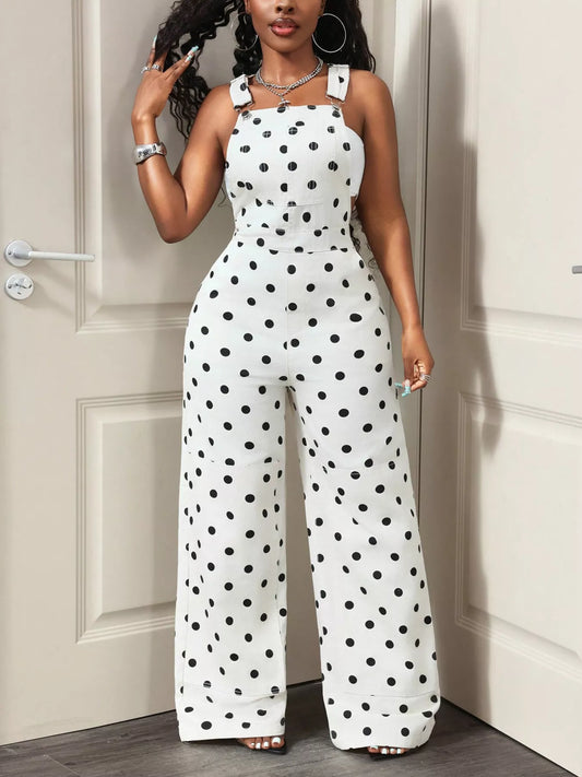 Wide Leg Denim Overalls with Adjustable Straps - White - View 1