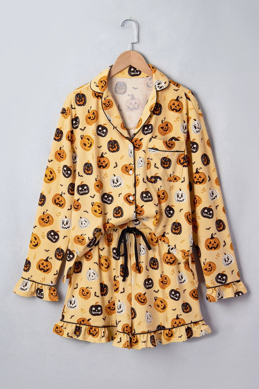 Halloween Pumpkin Print Long Sleeve Two Piece Lounge Set - Gold - View 4