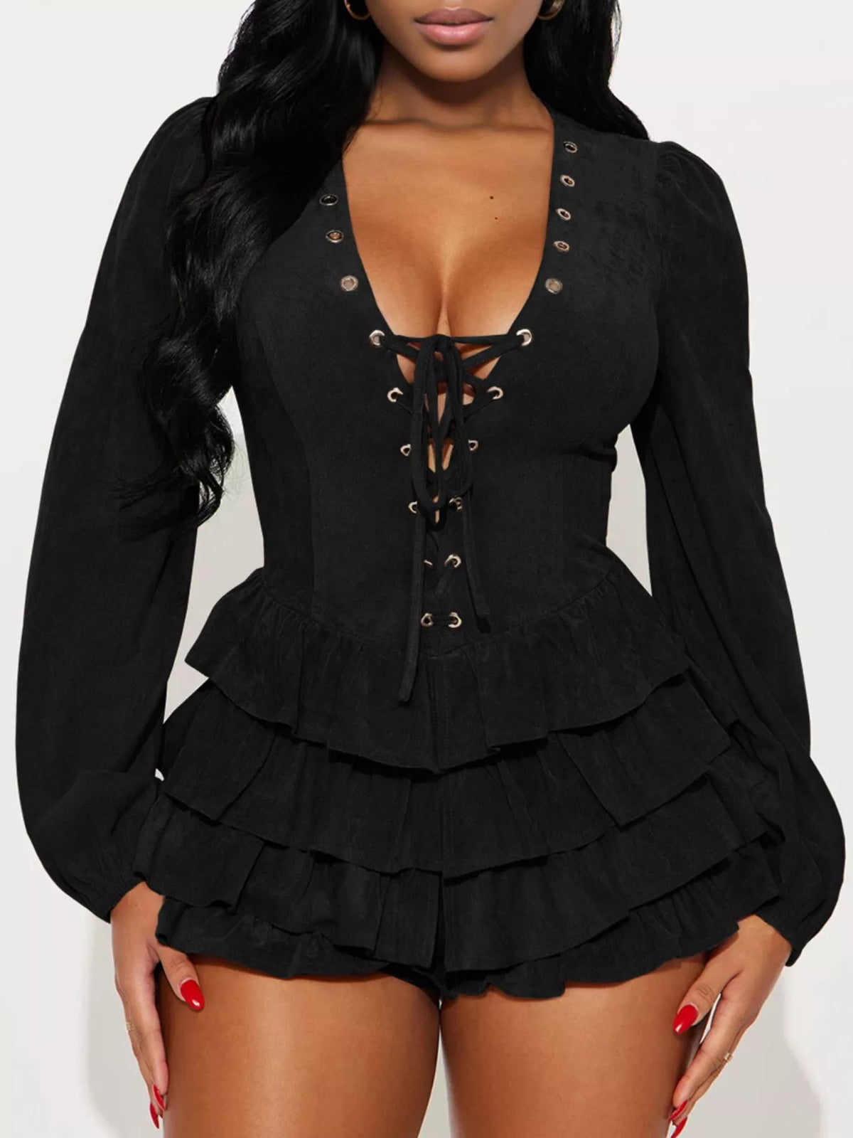 Lace-Up Ruffle Hem Long Sleeve Mini Dress - Black - View 1
