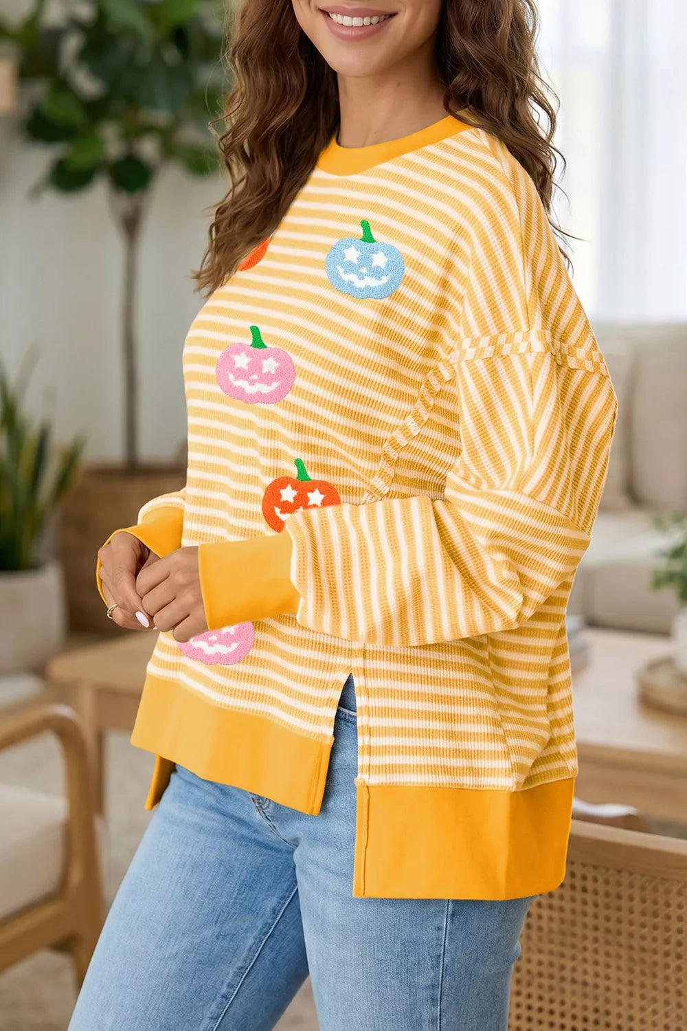 Stripe Halloween Pumpkin Face Waffle Knit Pullover Loose Top with Slits - Gold - View 3