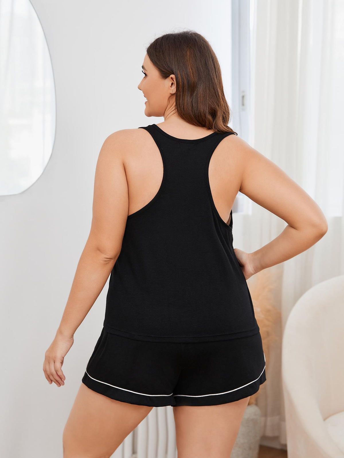 Plus Size Contrast Piping Racerback Tank and Shorts Lounge Set - Black - View 13