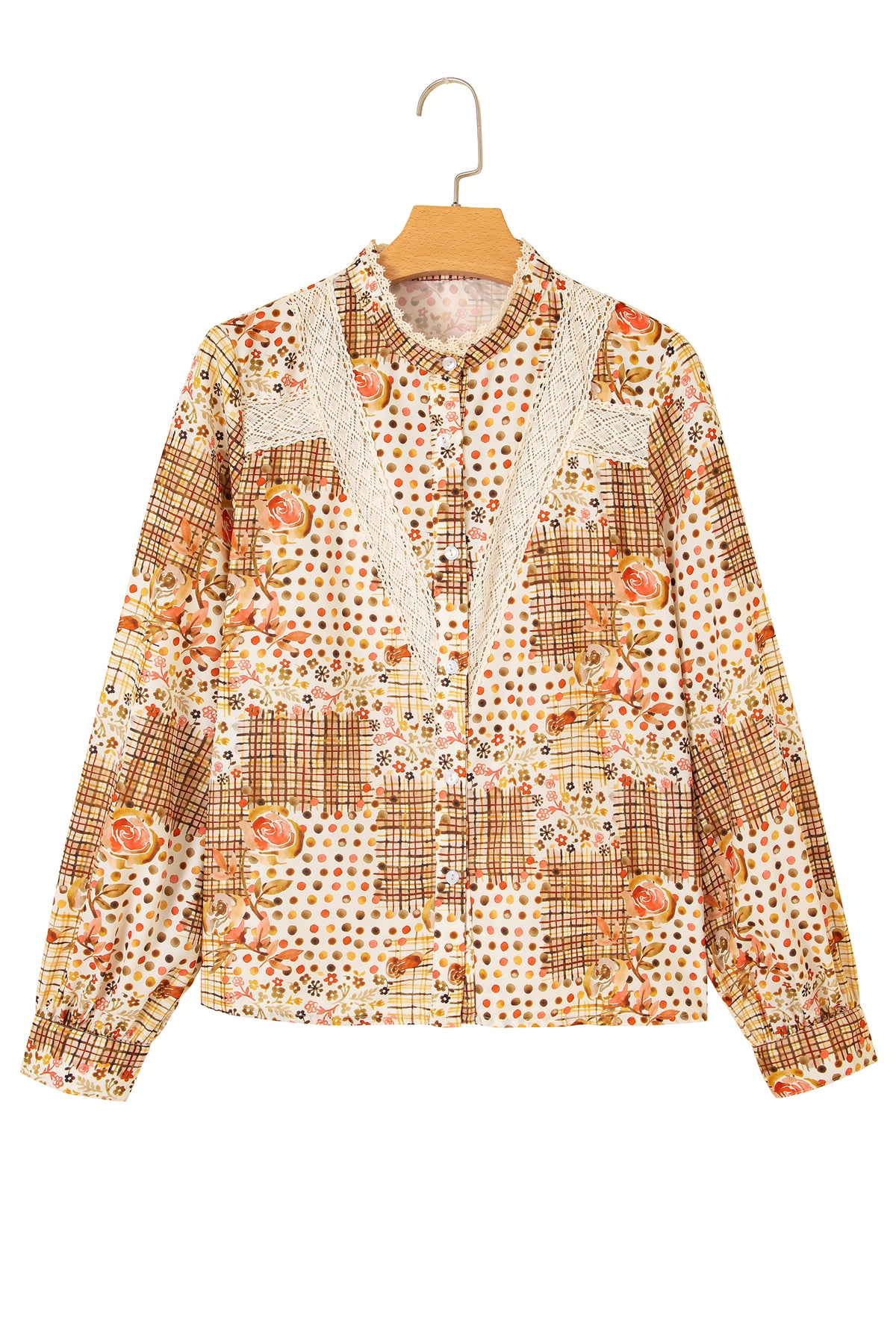 Brown Floral Lace Trim Button Down Long Sleeve Shirt - Brown - 13