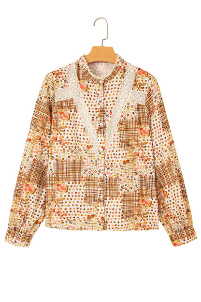 Brown Floral Lace Trim Button Down Long Sleeve Shirt - Brown - 13