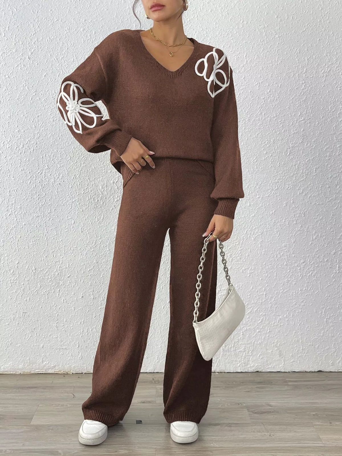V-Neck Dropped Shoulder Top and Pants Sweater Set - Brown - View 1