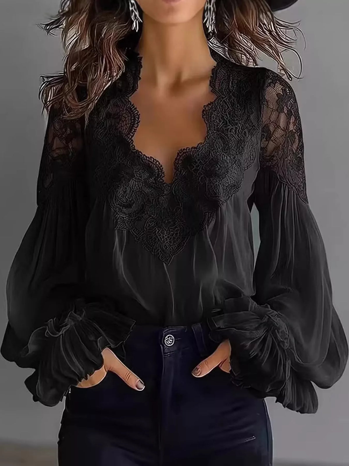 Full Size Lace V-Neck Flounce Sleeve Blouse Plus Size - Black - View 1