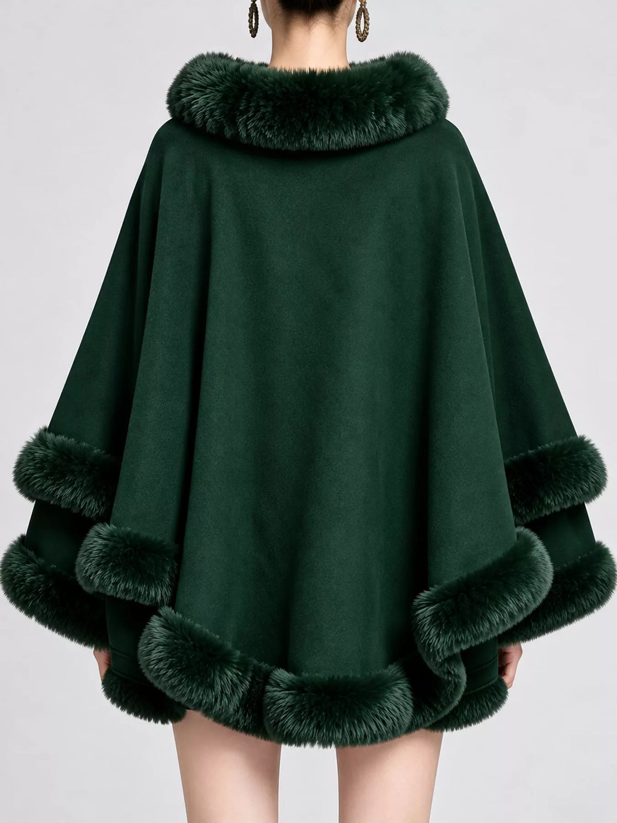 Faux Fur Trimmed Hooded Cape - Dark Green - View 41