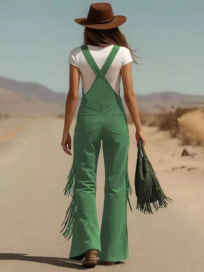 Fringe Detail Flare Leg Overalls - Army Green - View 2