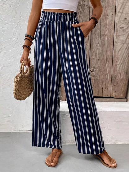 Striped Wide-Leg Pants with Elastic Waistband - Dark Blue - View 1