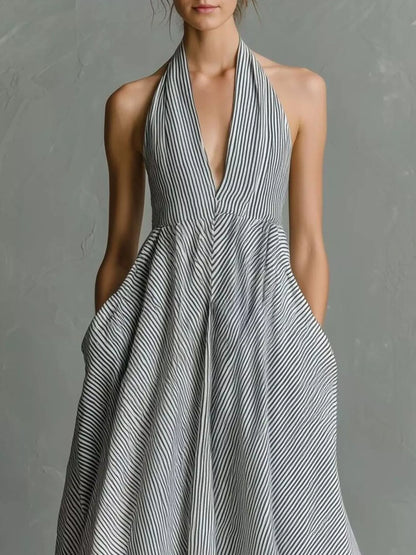 Full Size Striped Halter Neck Maxi Dress with Pockets Plus Size - Light Gray - View 2