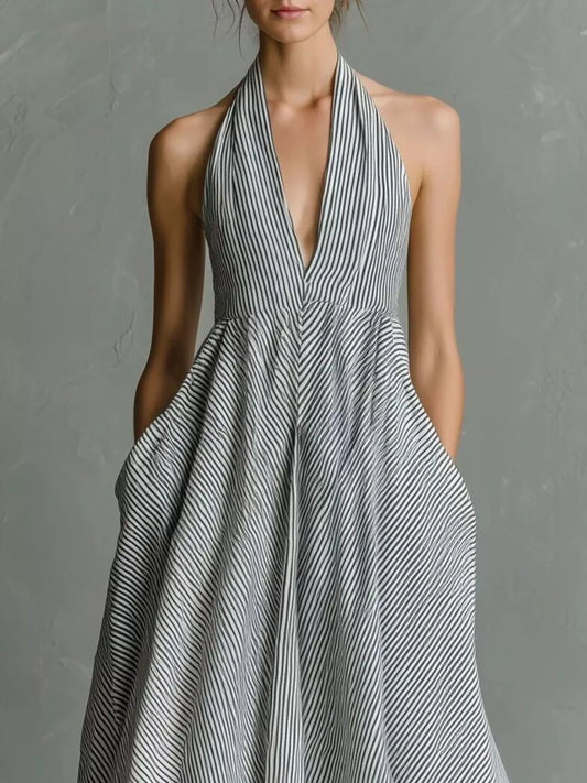 Full Size Striped Halter Neck Maxi Dress with Pockets Plus Size - Light Gray - View 2