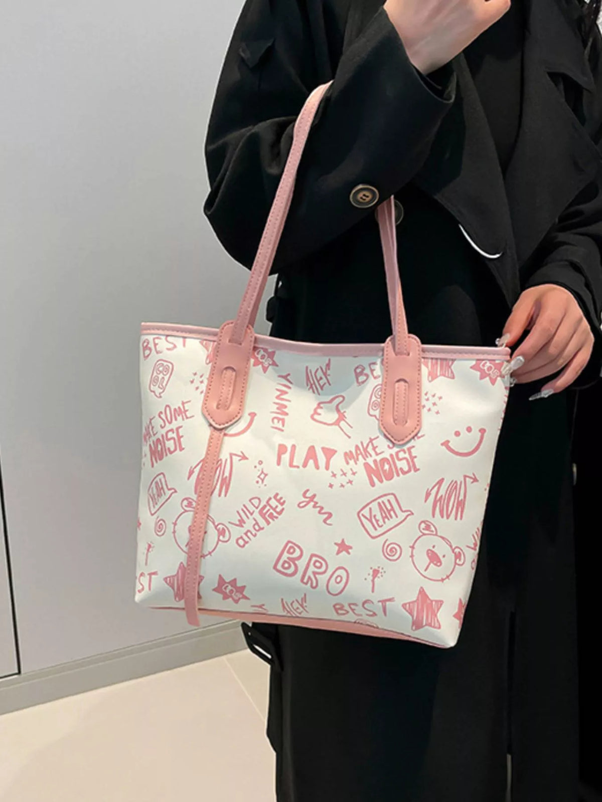Graffiti Print Casual Tote Bag - Pink - View 9