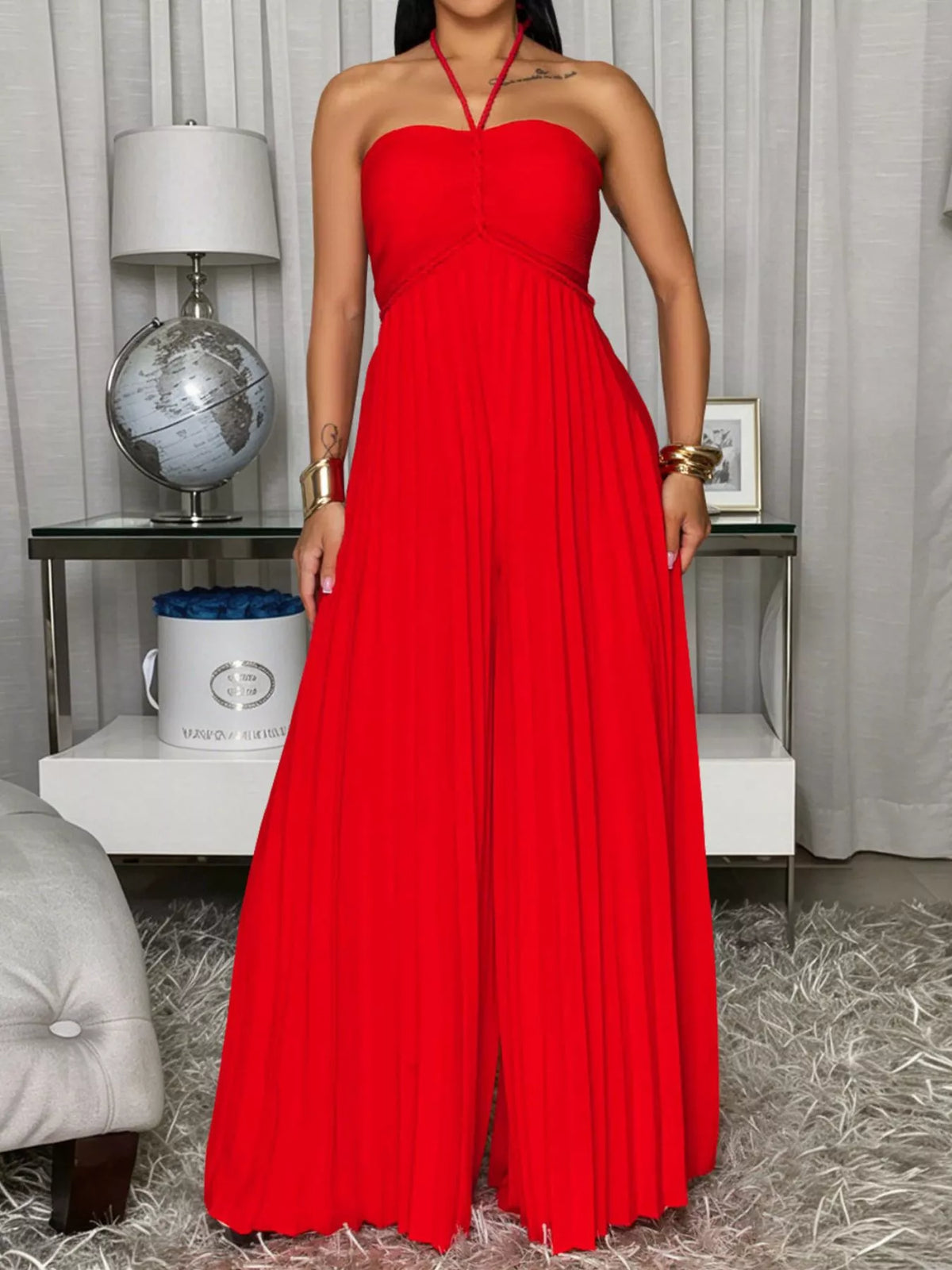 Pleated Halter Neck Wide Leg Jumpsuit - Red - View 5