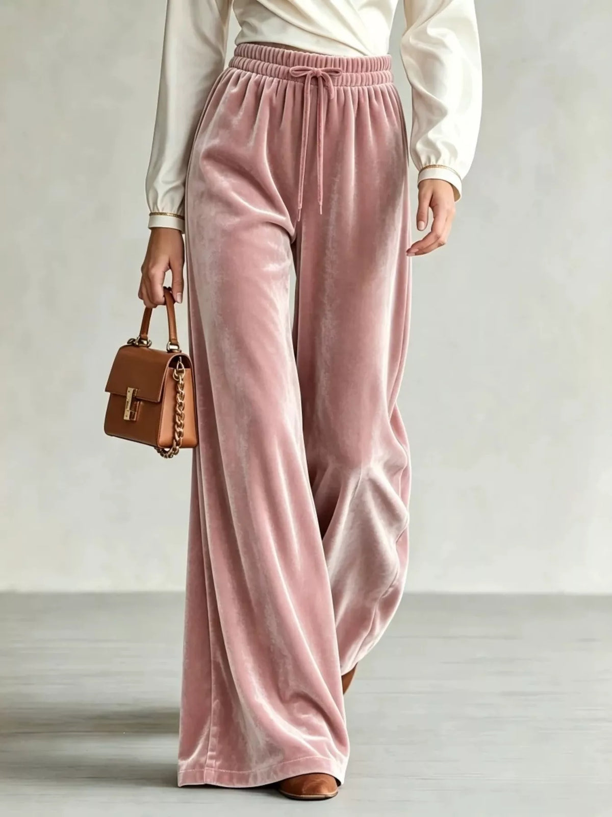 Velvet Wide-Leg Pants with Drawstring - Pink - View 1