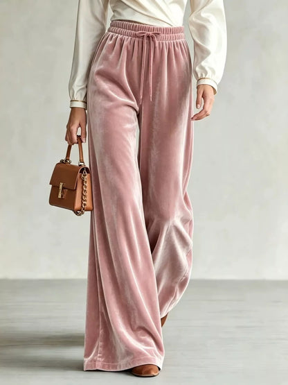 Velvet Wide-Leg Pants with Drawstring - Pink - View 1