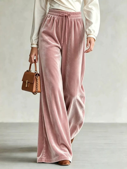 Velvet Wide-Leg Pants with Drawstring - Pink - View 1