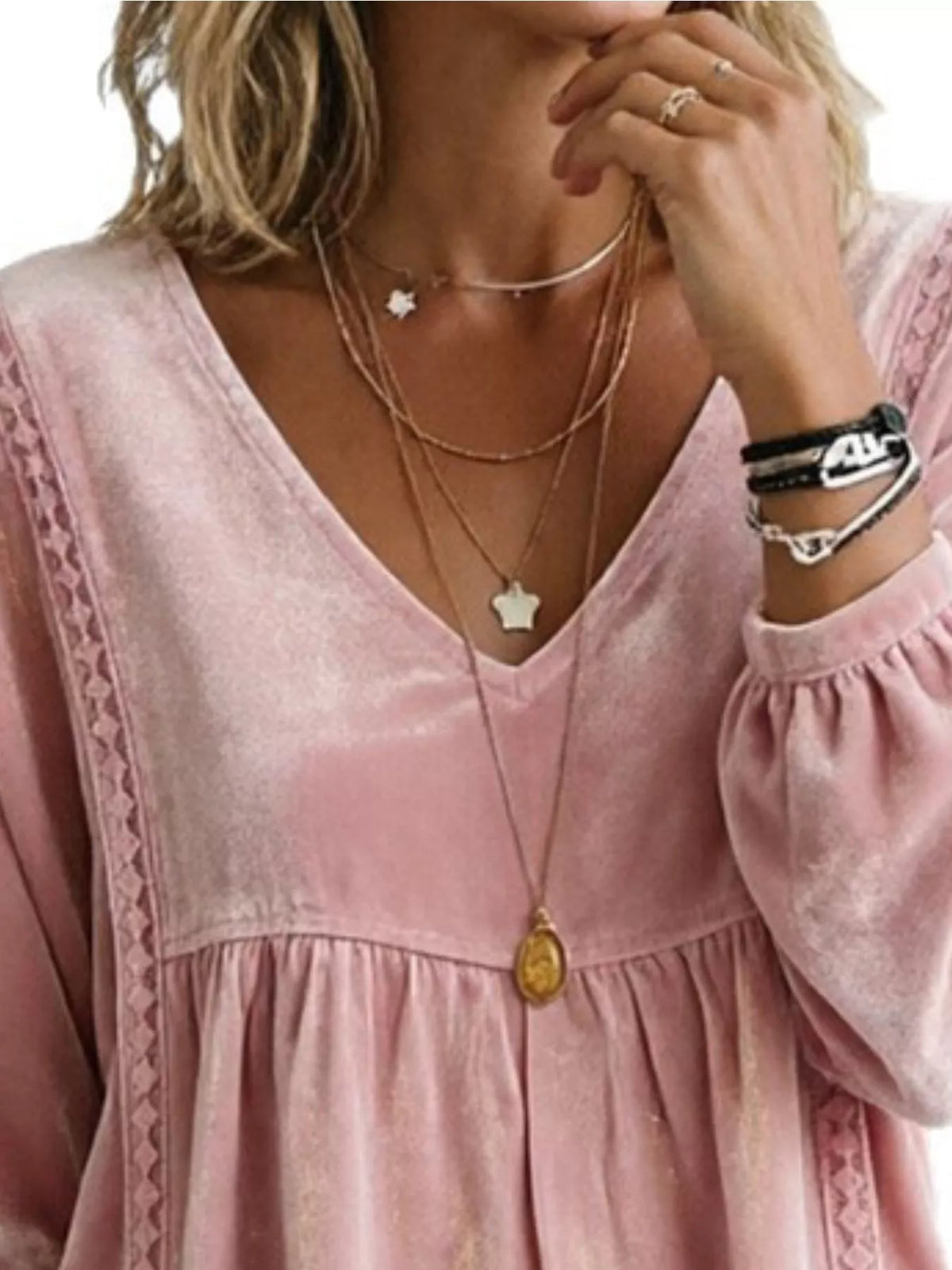 Full Size V-Neck Long Sleeve Velvet Blouse with Lace Trim Plus Size - Pink - View 2