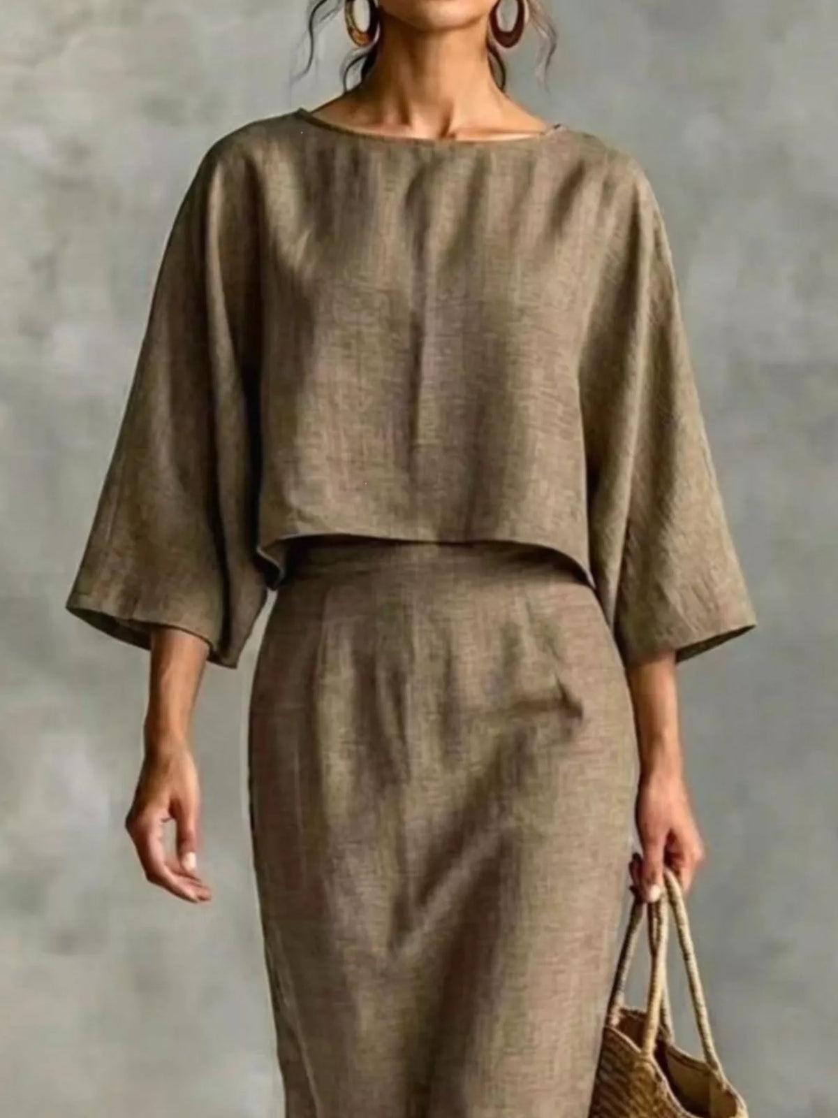 Full Size Solid Color Cropped Top and Midi Skirt Set Plus Size - Khaki - View 2