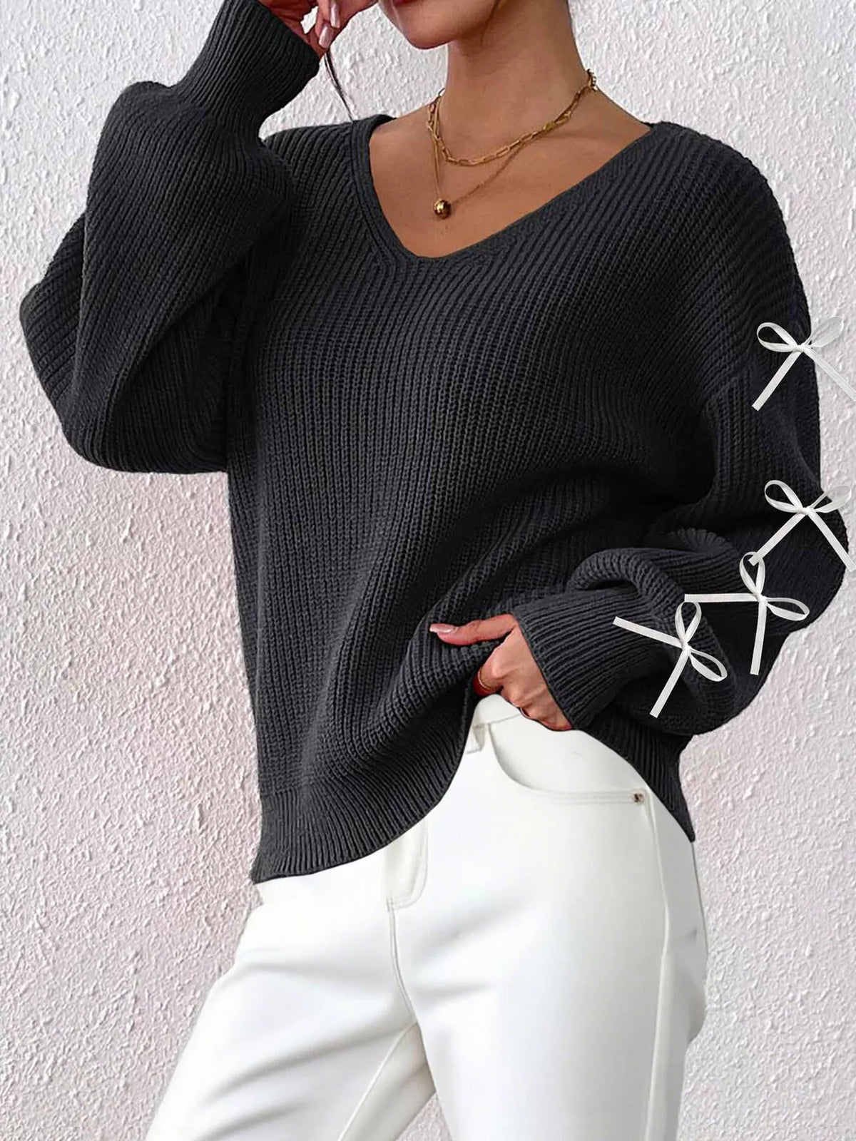 Bow-Tie Sleeve V-Neck Sweater - Black - View 2
