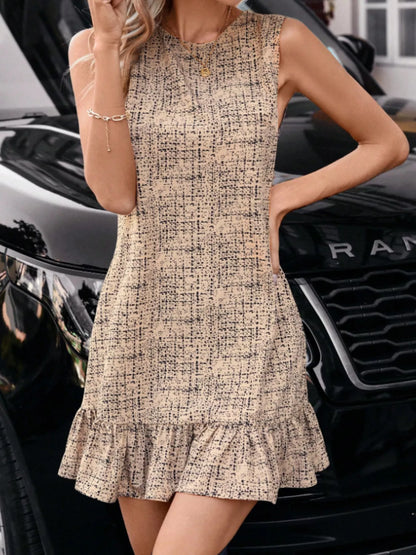 Tweed Sleeveless Ruffle Hem Mini Dress - Tan - View 1