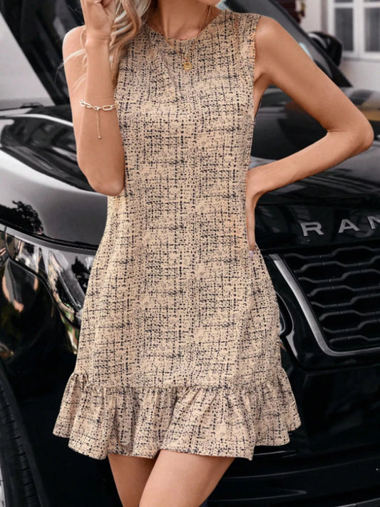 Tweed Sleeveless Ruffle Hem Mini Dress - Tan - View 1