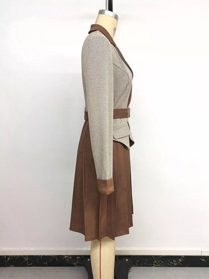 Pleated Patchwork Blazer Belt Dress - Brown - View 16