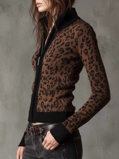 Leopard Print Knit Zip-Up Outerwear - Dark Brown - View 2