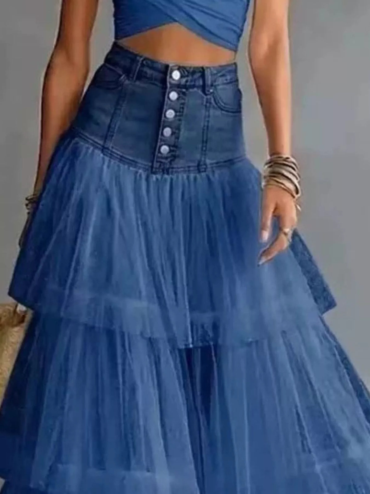 High-Waisted Button-Front Denim and Tulle Maxi Skirt - Peacock  Blue - View 5