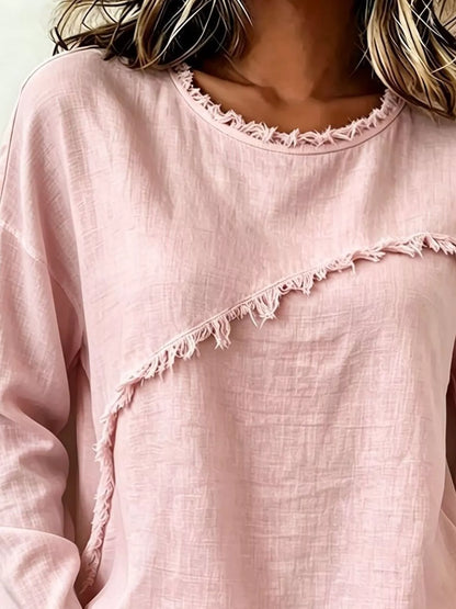 Frayed Hem Dropped Shoulder Blouse - Blush Pink - View 2