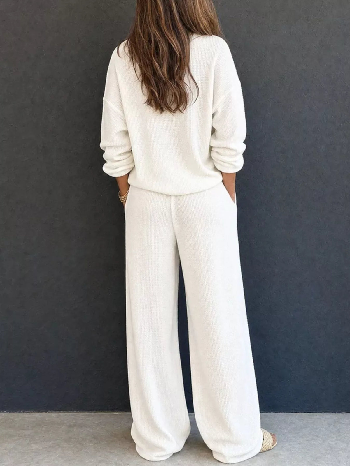 Waffle Knit Henley Top and Wide Leg Pants Set - White - View 3