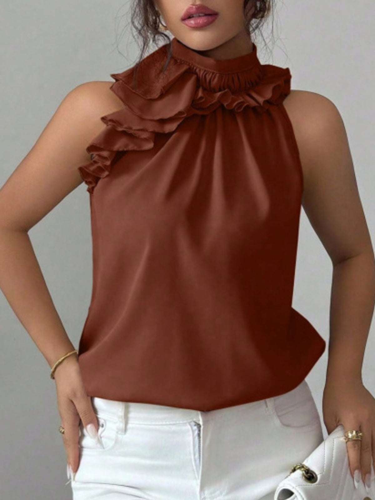 Ruffle High Neck Sleeveless Top - Brown - View 8