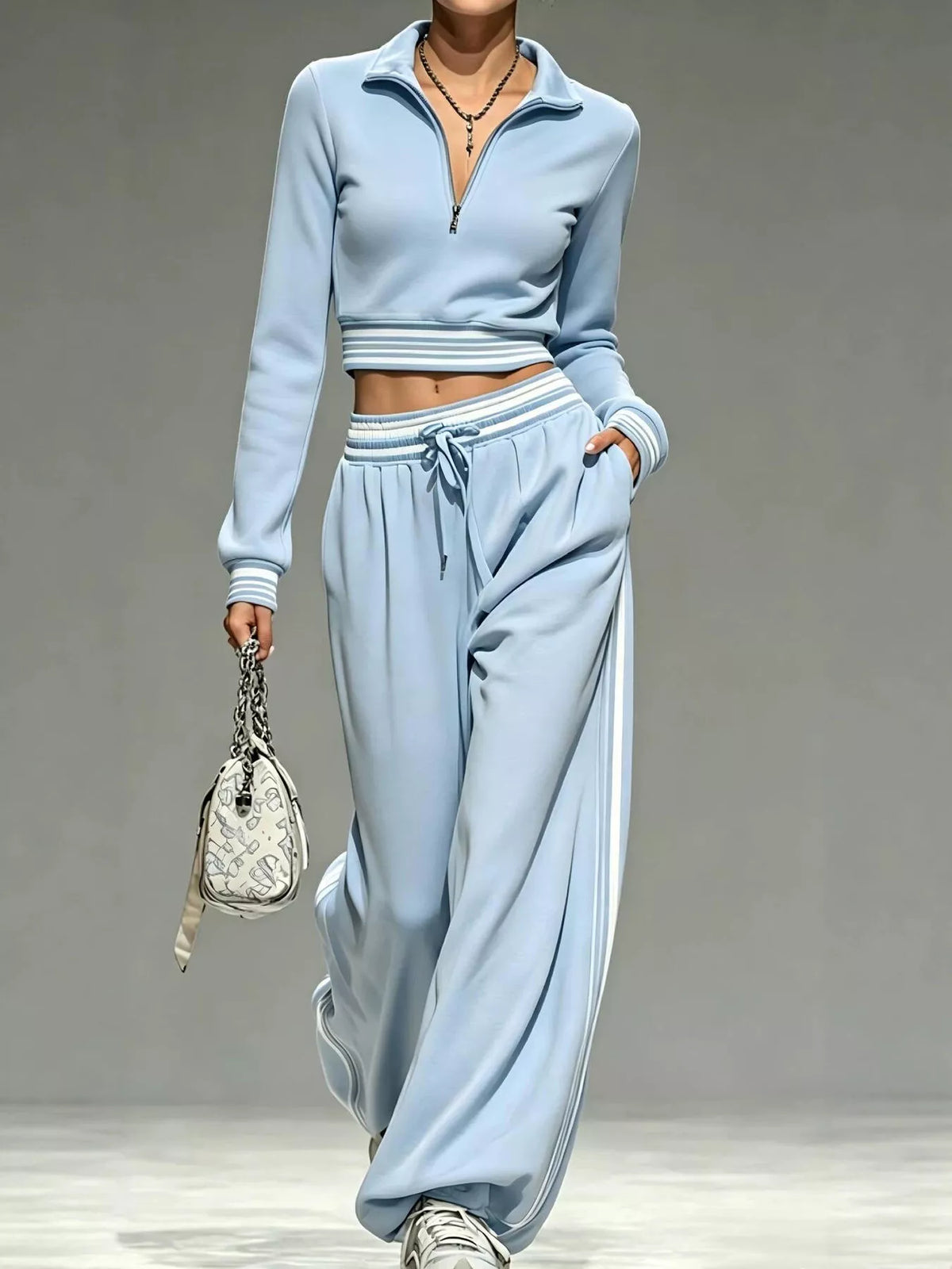 Full Size Half Zip Cropped Top and Pants Set Plus Size - Light Blue - View 1