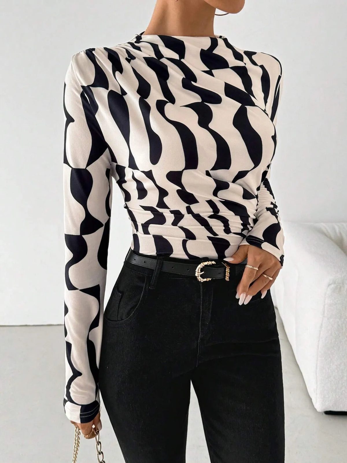 Printed Long Sleeve Blouse - Apricot - View 3