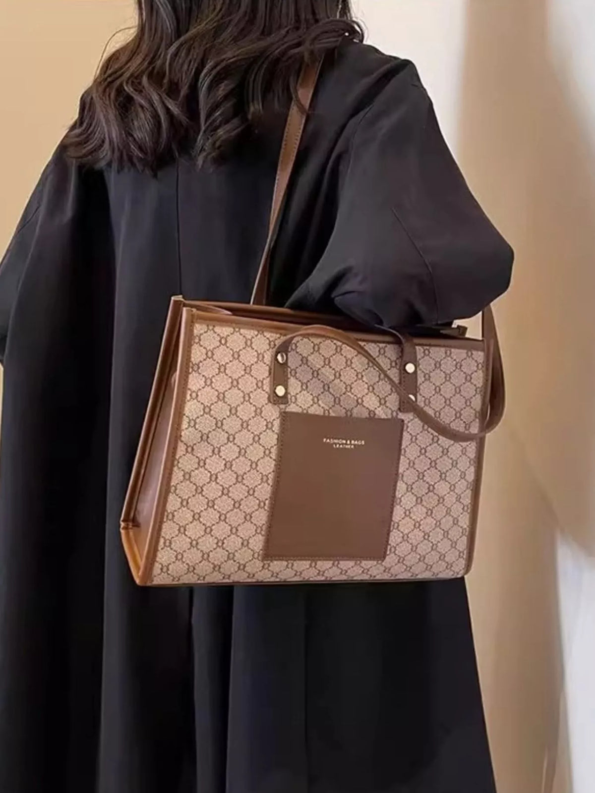 Patterned Tote Shoulder Bag - Khaki - View 5