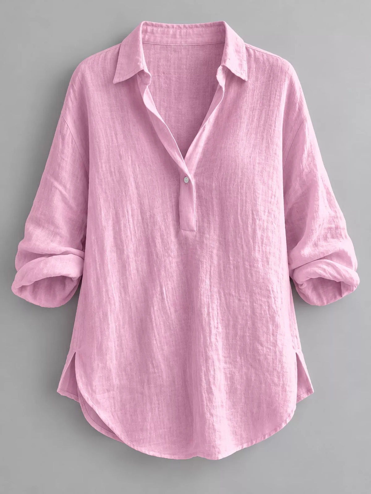 Collared Neck Long Sleeve Blouse - Pink - View 3