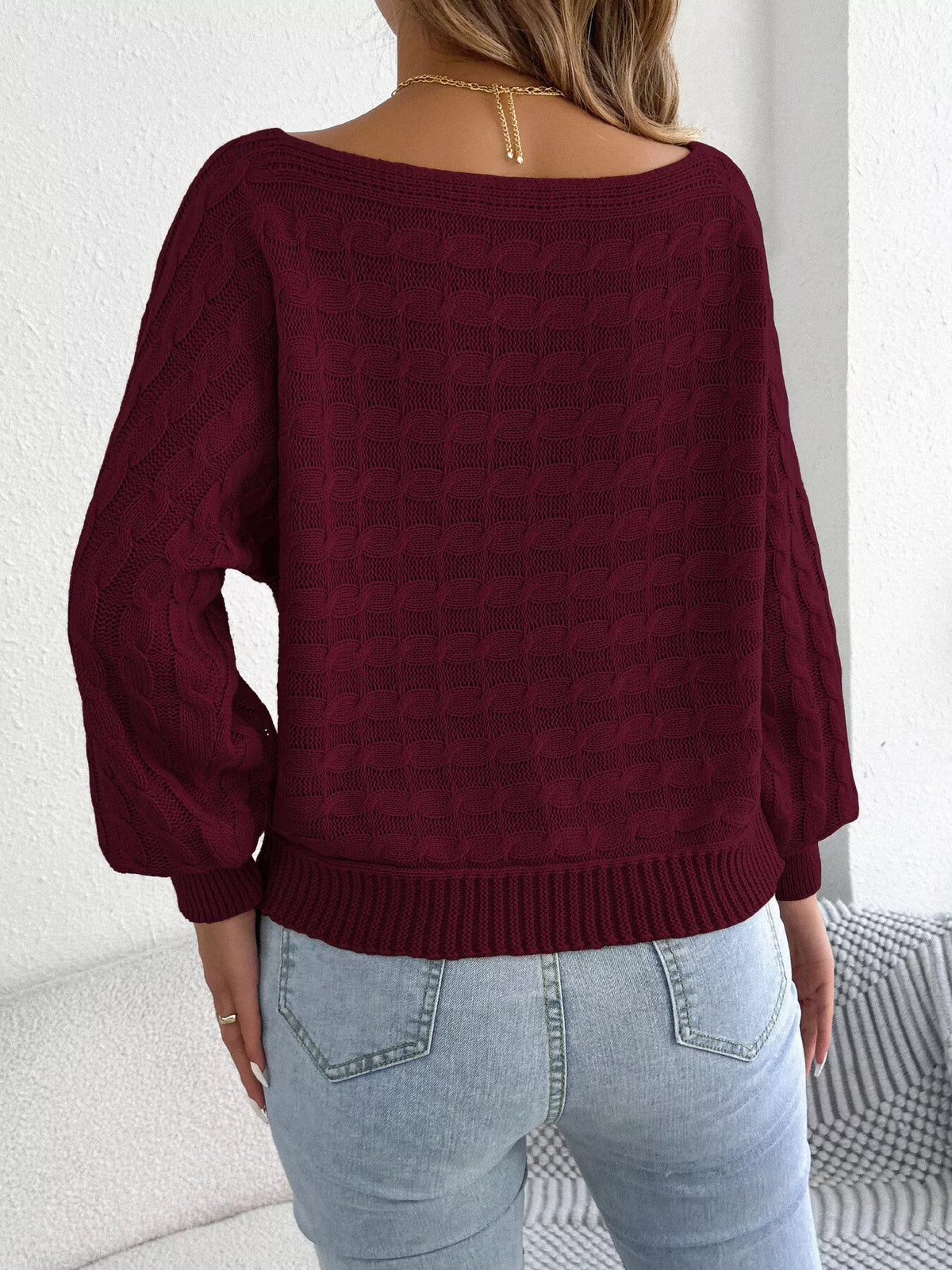 Cable Knit Boat Neck Sweater - Burgundy - View 7