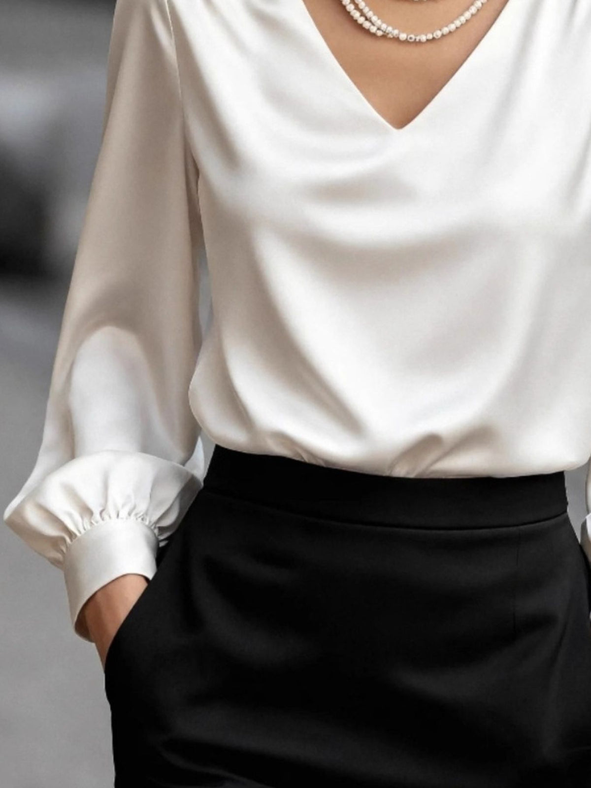 Satin V-Neck Long Sleeve Blouse - White - View 8