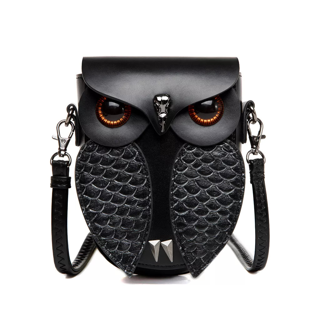 Owl Design Leather Crossbody Bag - Black - View 1